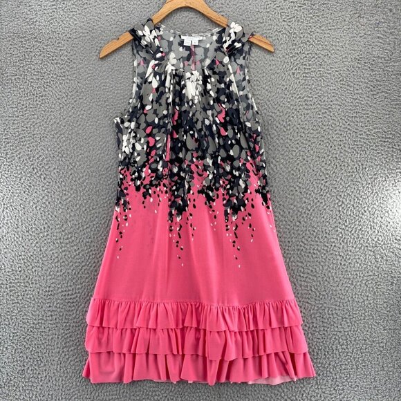 London Times Dress Womens 4 Petite Pink Printed Tiered Ruffle Hem Halter Neck - Picture 1 of 9